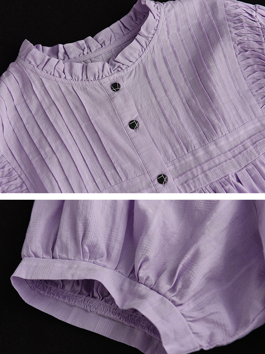 Pleated Casual Short Sleeve Cotton Women Shirt