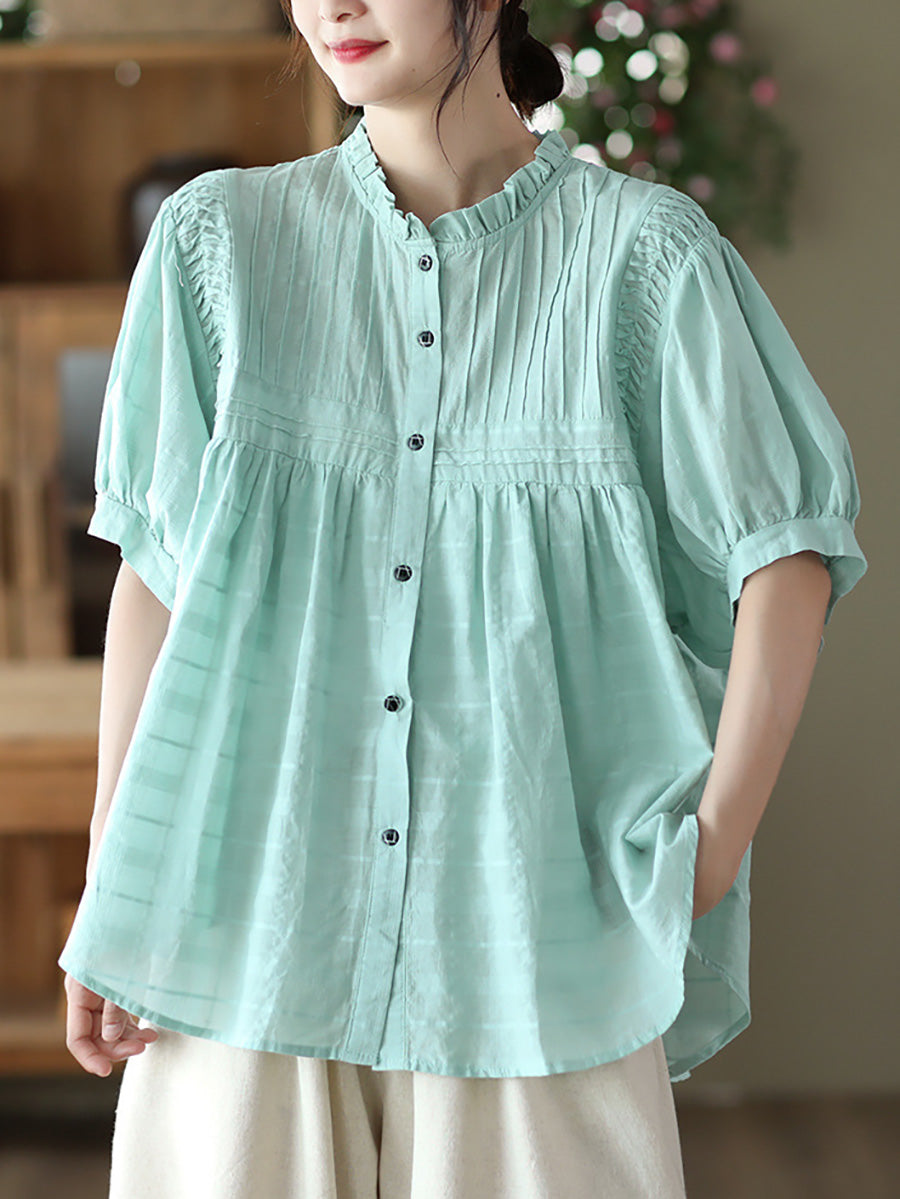 Pleated Casual Short Sleeve Cotton Women Shirt