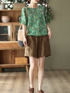 Summer Floral Linen Knited Women T Shirt
