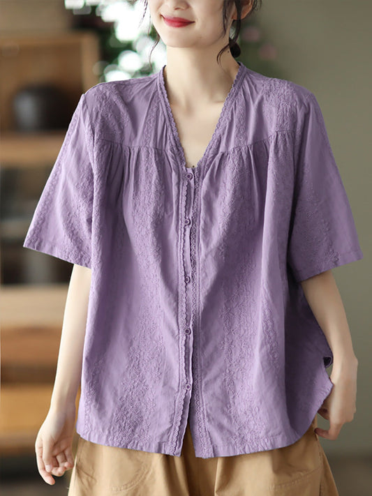 V Neck Casual Short Sleeve Cotton Women Shirt