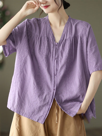 V Neck Casual Short Sleeve Cotton Women Shirt