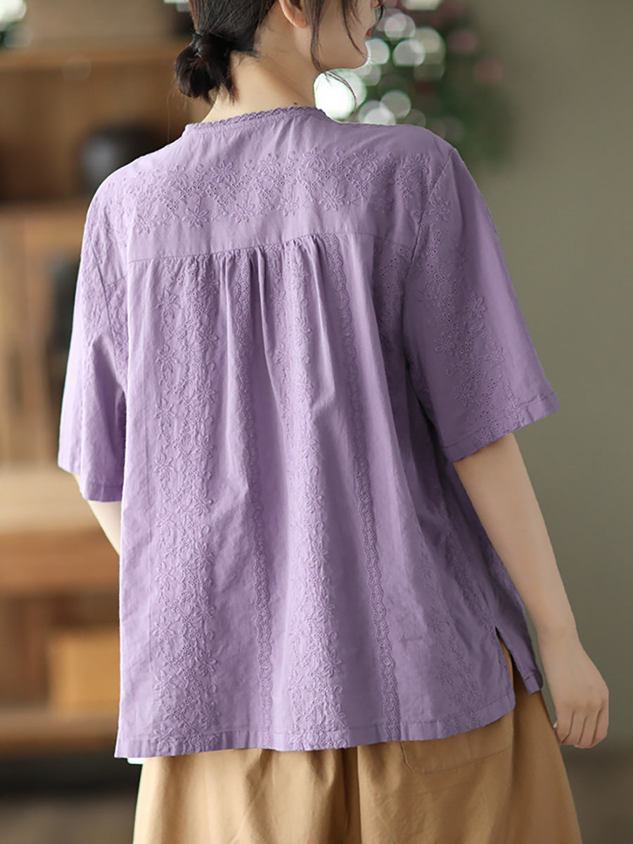 V Neck Casual Short Sleeve Cotton Women Shirt