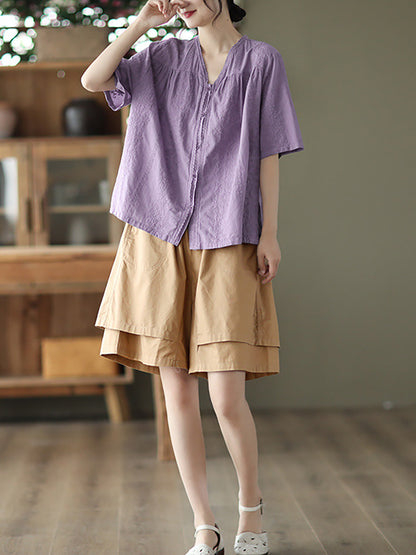 V Neck Casual Short Sleeve Cotton Women Shirt