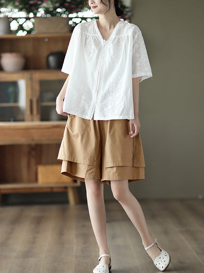 V Neck Casual Short Sleeve Cotton Women Shirt