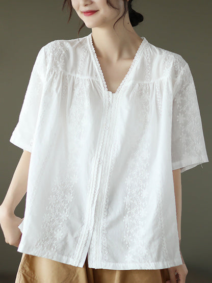 V Neck Casual Short Sleeve Cotton Women Shirt