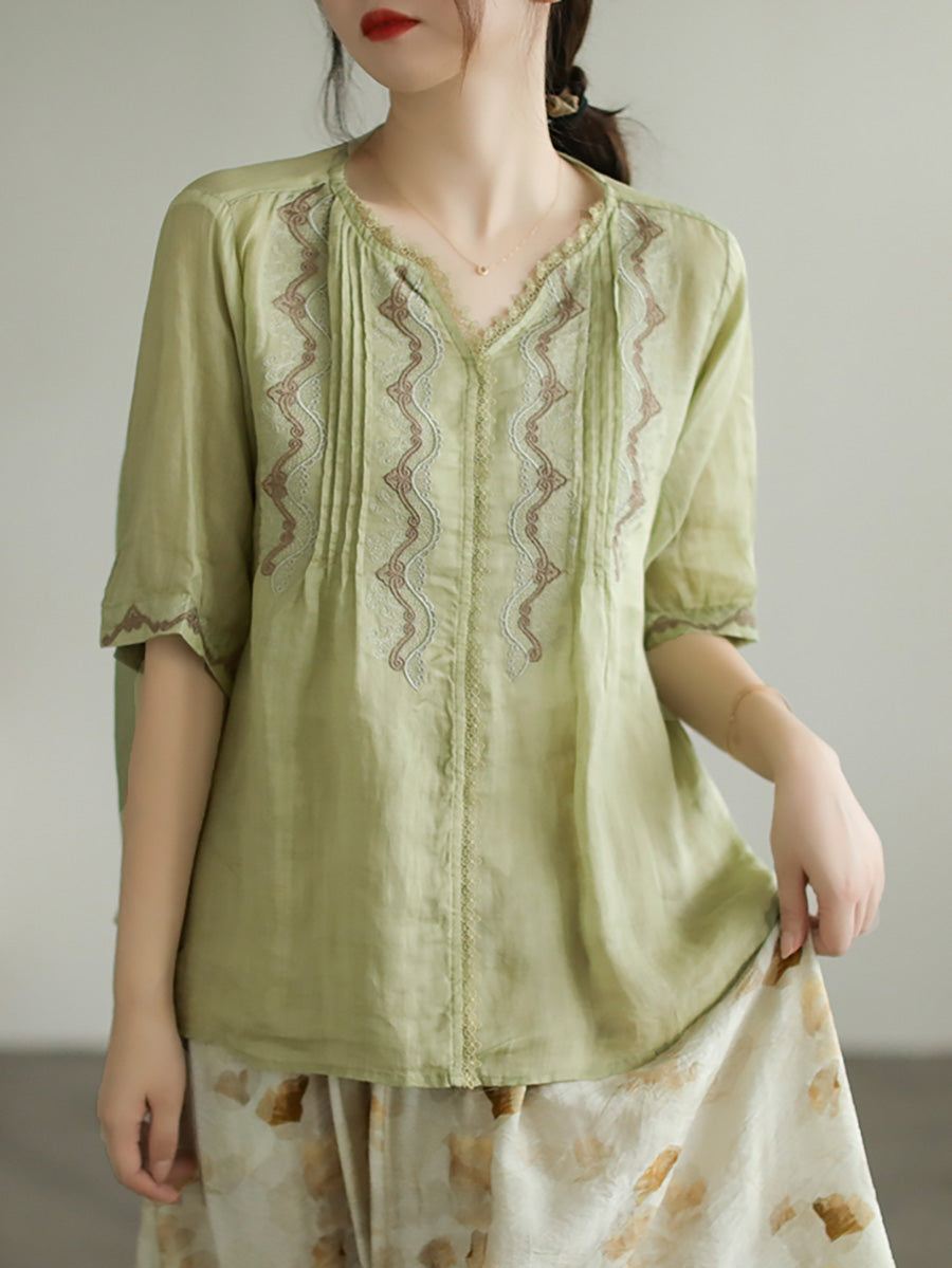 Lace Embroidery Ramie Casual Summer Women T Shirt