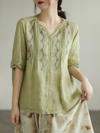 Lace Embroidery Ramie Casual Summer Women T Shirt