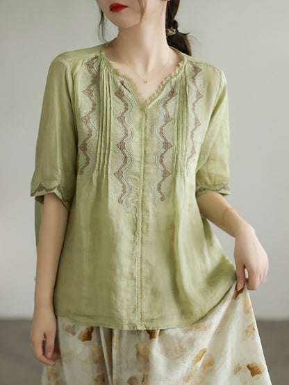 Lace Embroidery Ramie Casual Summer Women T Shirt