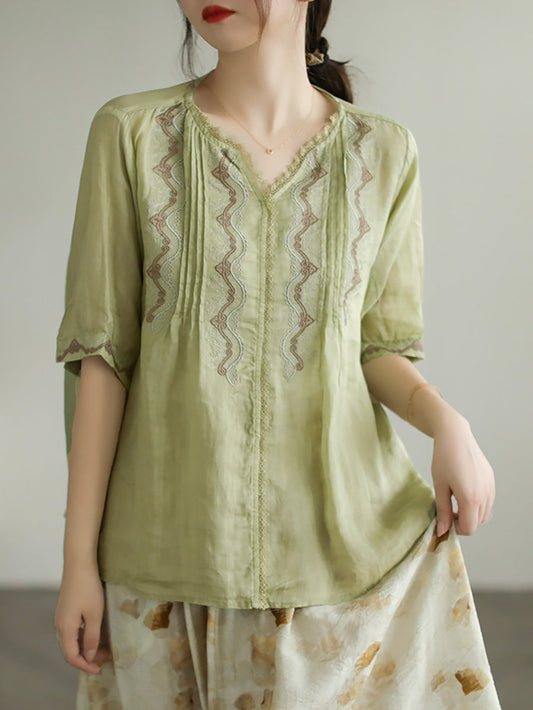 Lace Embroidery Ramie Casual Summer Women T Shirt