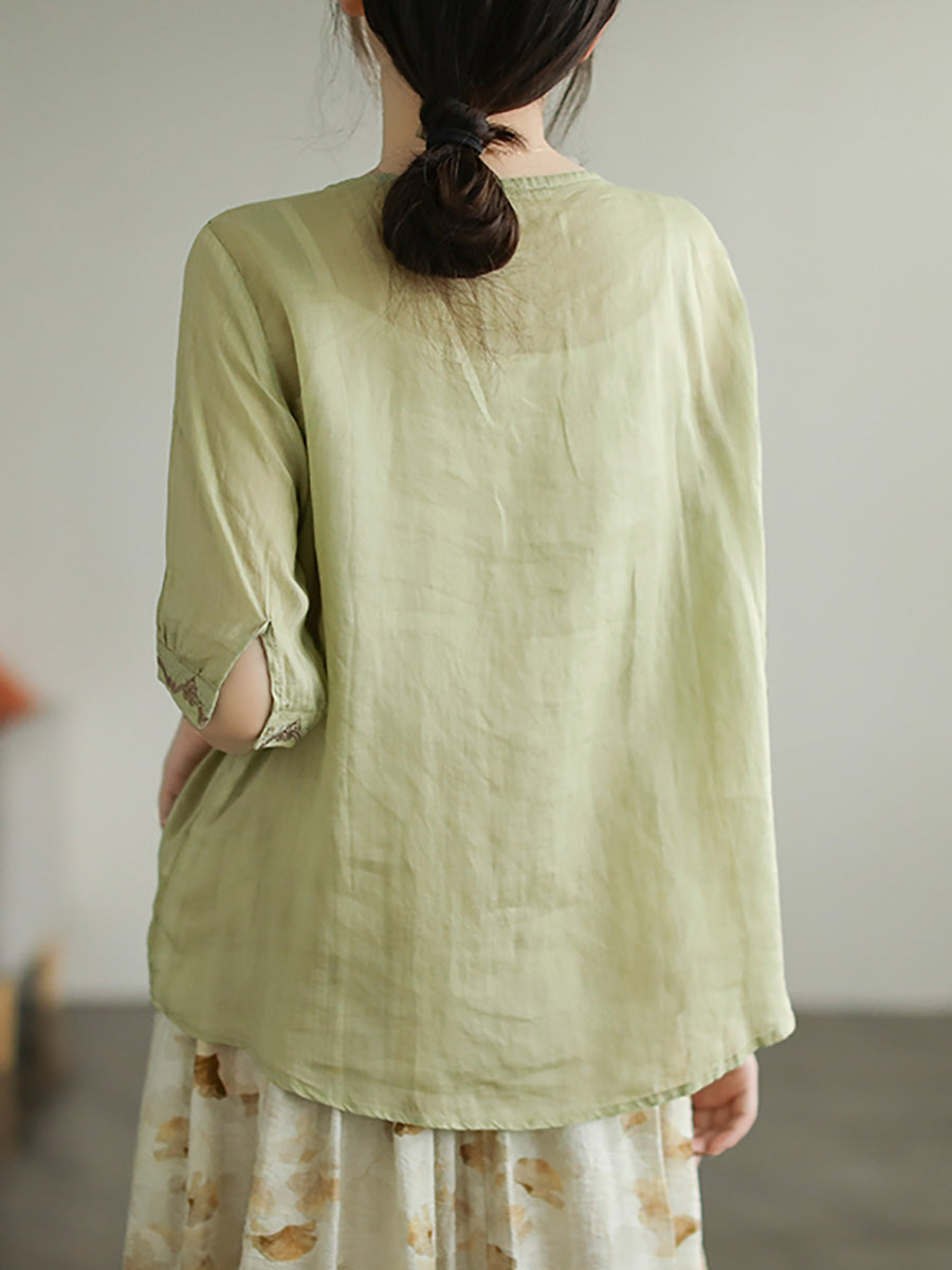 Lace Embroidery Ramie Casual Summer Women T Shirt