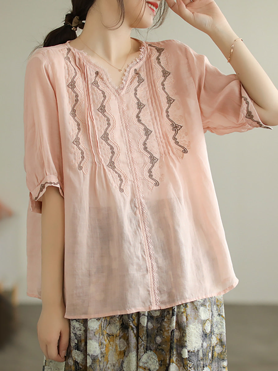 Lace Embroidery Ramie Casual Summer Women T Shirt