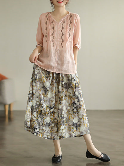 Lace Embroidery Ramie Casual Summer Women T Shirt