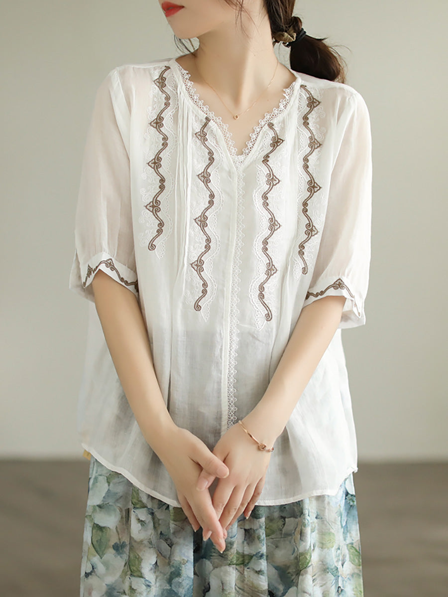 Lace Embroidery Ramie Casual Summer Women T Shirt