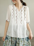 Lace Embroidery Ramie Casual Summer Women T Shirt