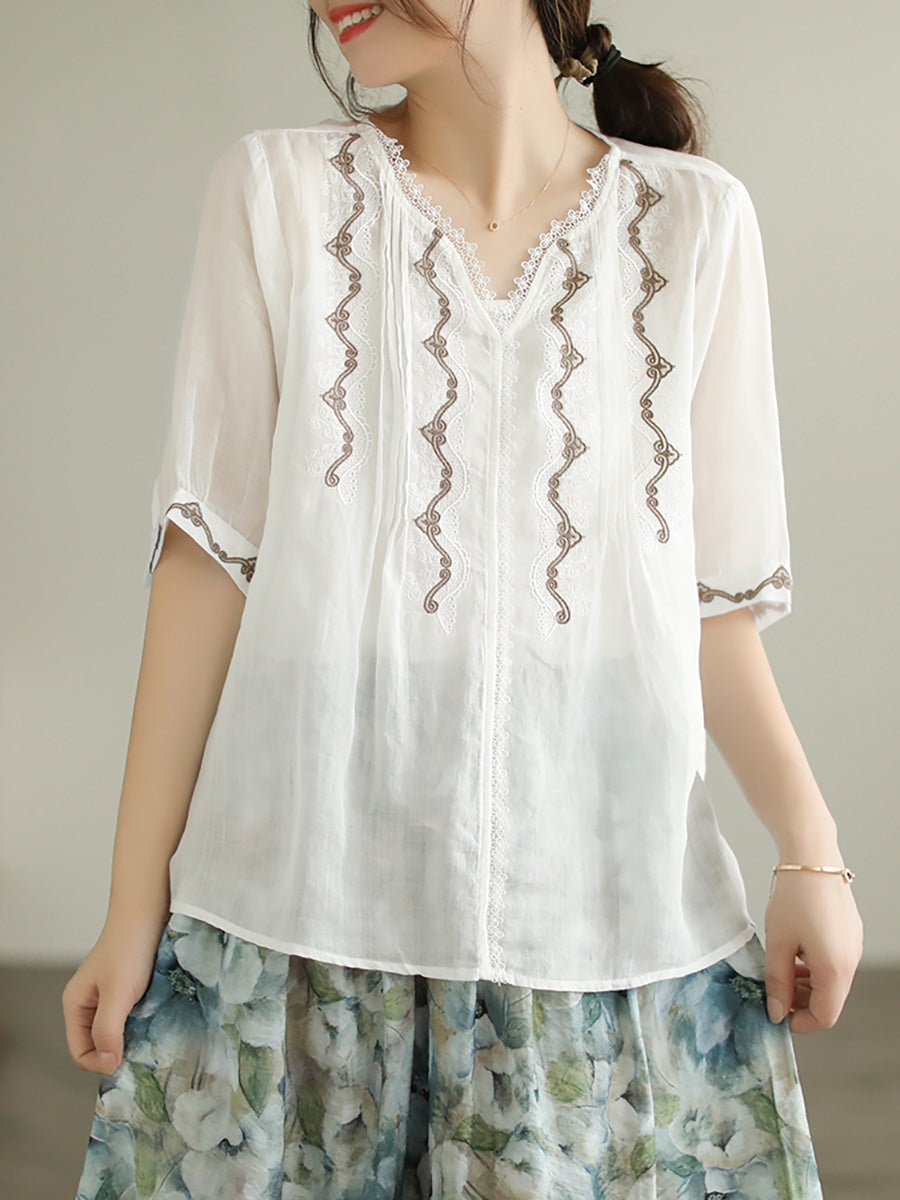 Lace Embroidery Ramie Casual Summer Women T Shirt