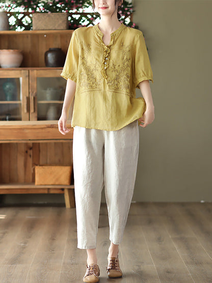 Embroidered Vintage Ramie Women Loose Shirt