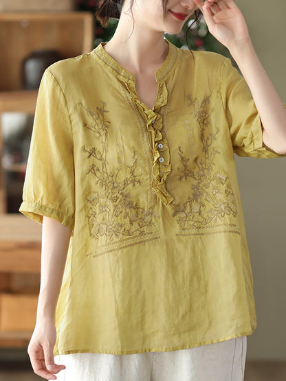 Embroidered Vintage Ramie Women Loose Shirt