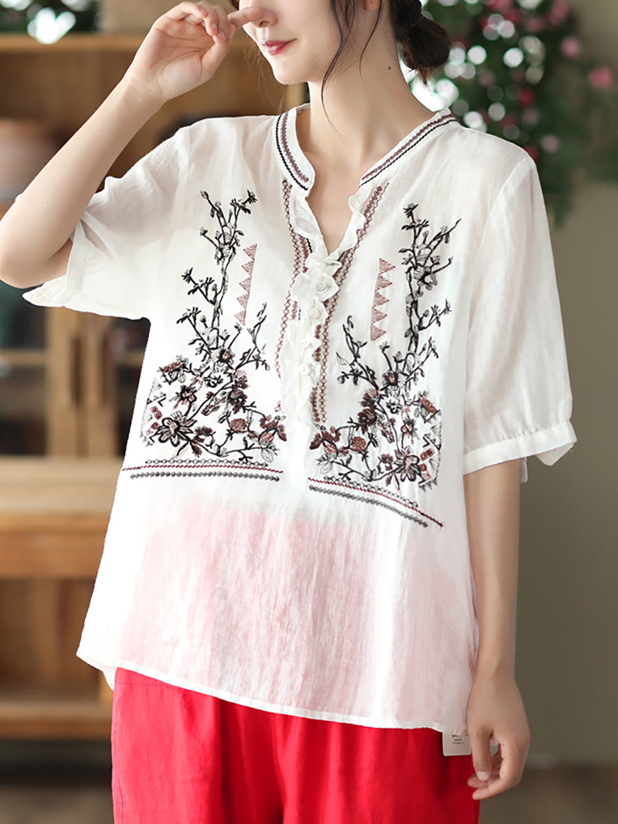 Embroidered Vintage Ramie Women Loose Shirt
