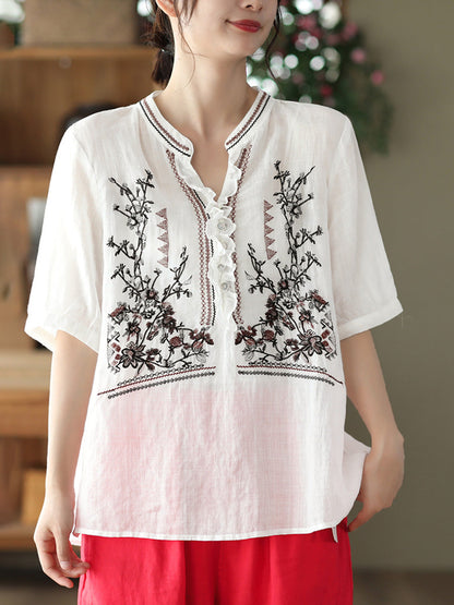 Embroidered Vintage Ramie Women Loose Shirt