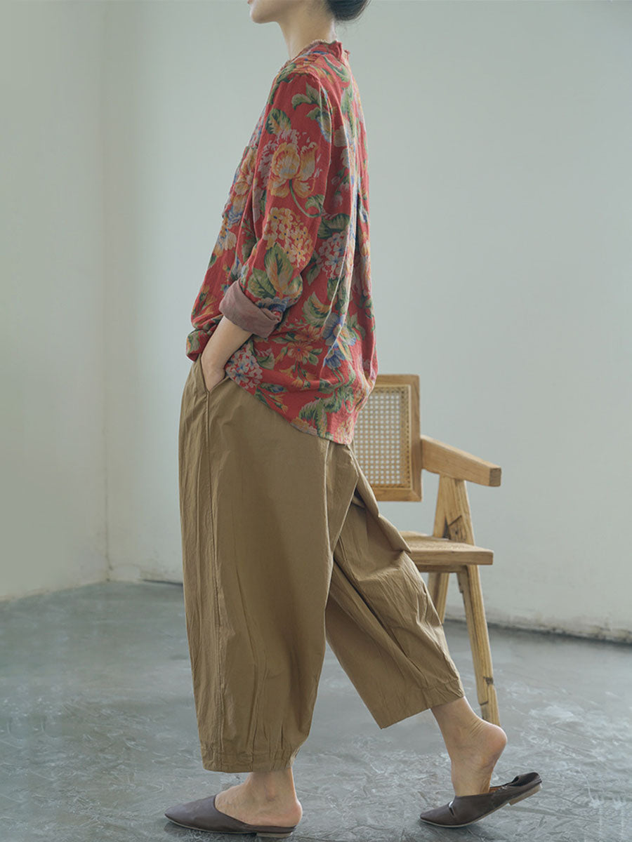 Plus Size Autumn Floral Ethnic Style Women T-Shirt