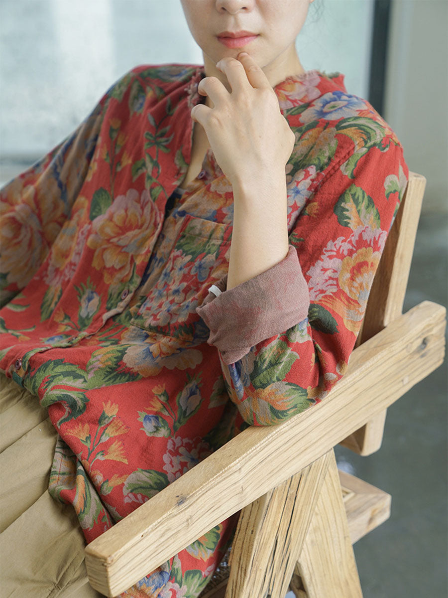 Plus Size Autumn Floral Ethnic Style Women T-Shirt