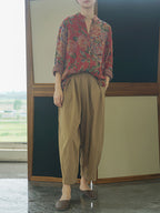 Plus Size Autumn Floral Ethnic Style Women T-Shirt