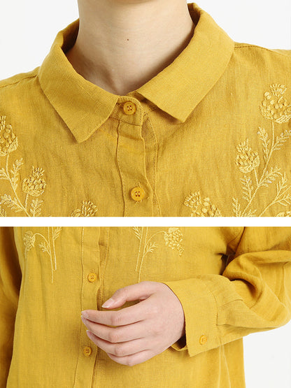 Plus Size Turndown Collar Long Sleeve Women Embroidered Loose Shirt