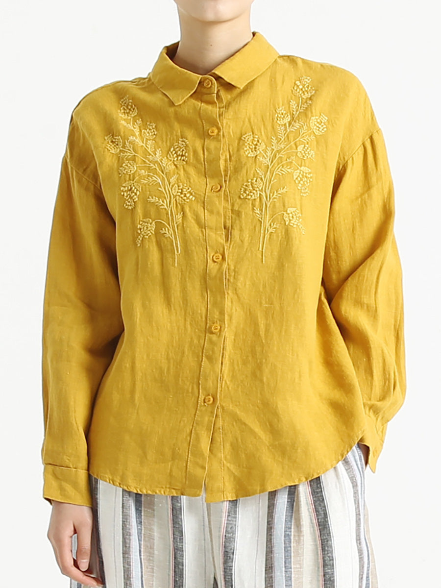 Plus Size Turndown Collar Long Sleeve Women Embroidered Loose Shirt