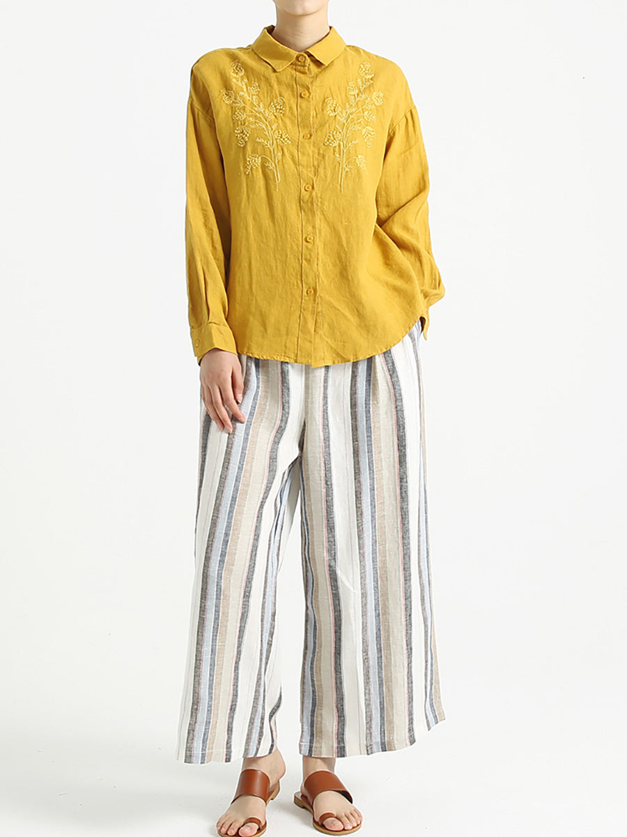 Plus Size Turndown Collar Long Sleeve Women Embroidered Loose Shirt