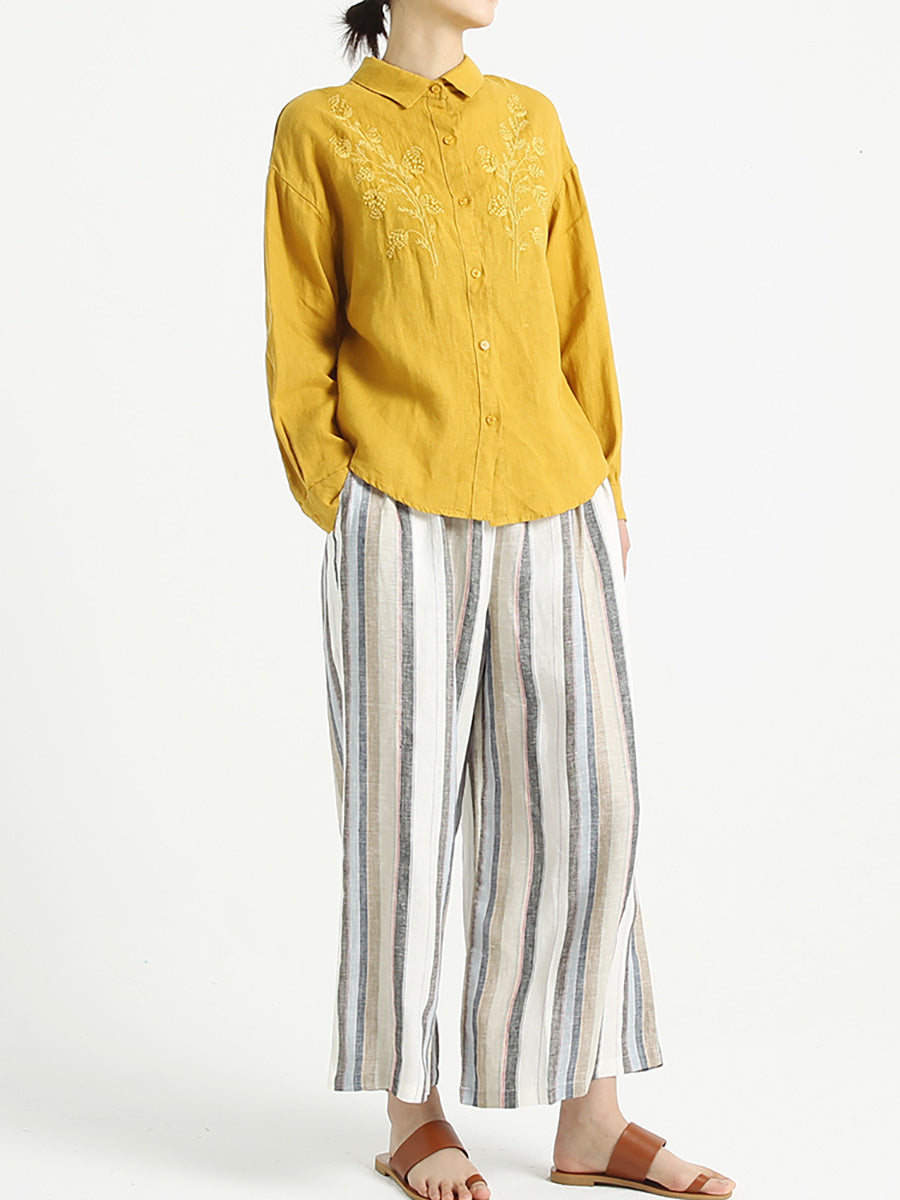 Plus Size Turndown Collar Long Sleeve Women Embroidered Loose Shirt