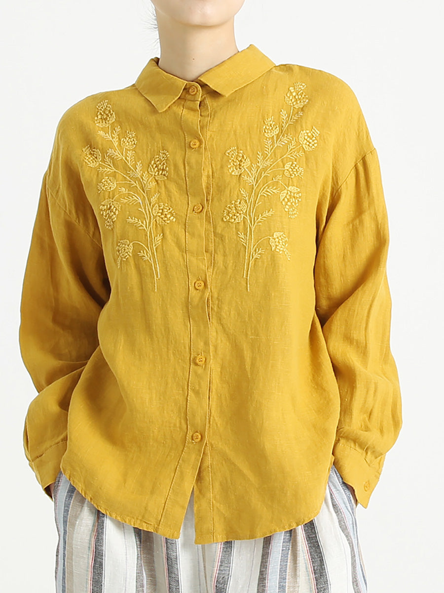 Plus Size Turndown Collar Long Sleeve Women Embroidered Loose Shirt