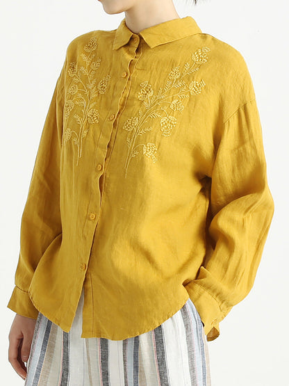 Plus Size Turndown Collar Long Sleeve Women Embroidered Loose Shirt