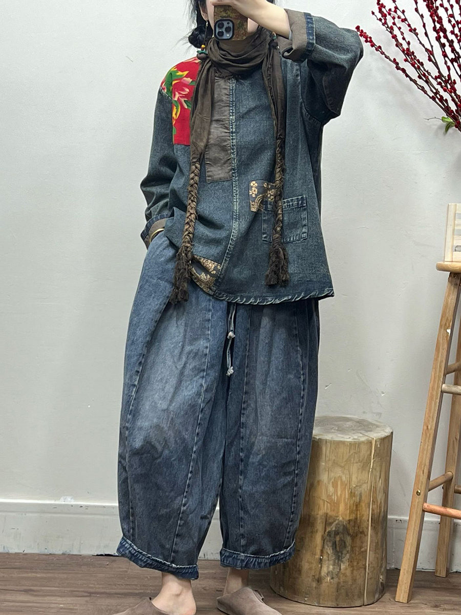 Women Spring Retro Patchwork Loose Denim Shirt