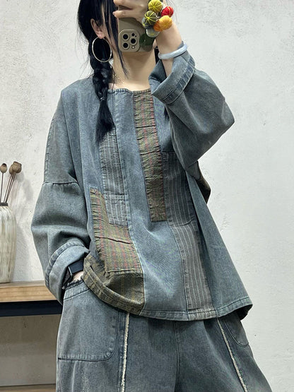 Spring Retro Women Spliced Denim Loose Shirt