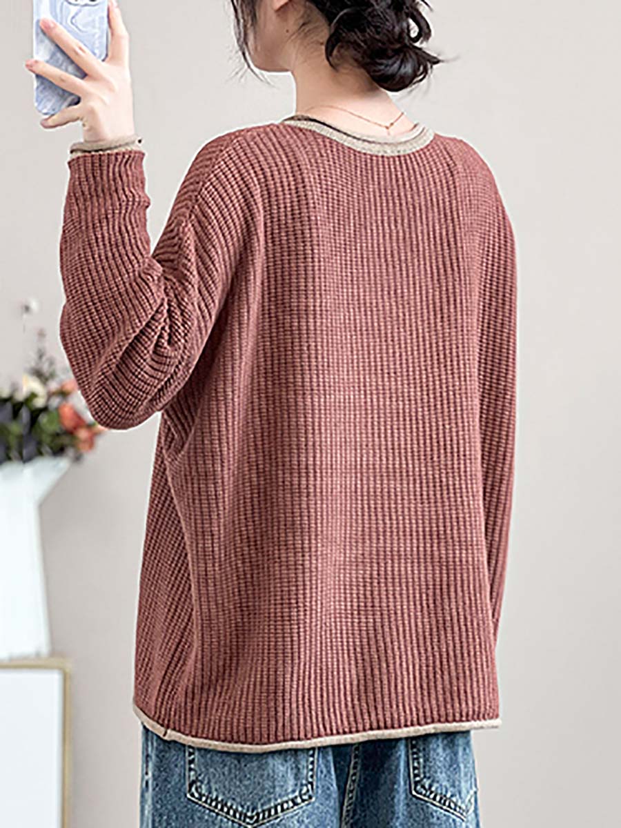 Women Artsy Spring Knitted Lace Patch Loose Sweater