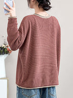 Women Artsy Spring Knitted Lace Patch Loose Sweater