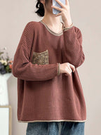 Women Artsy Spring Knitted Lace Patch Loose Sweater