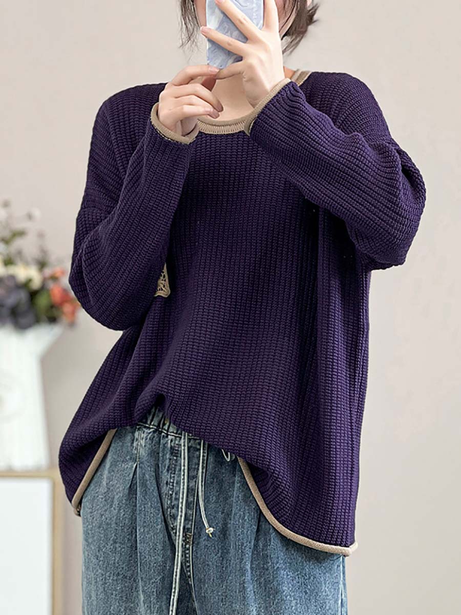 Women Artsy Spring Knitted Lace Patch Loose Sweater