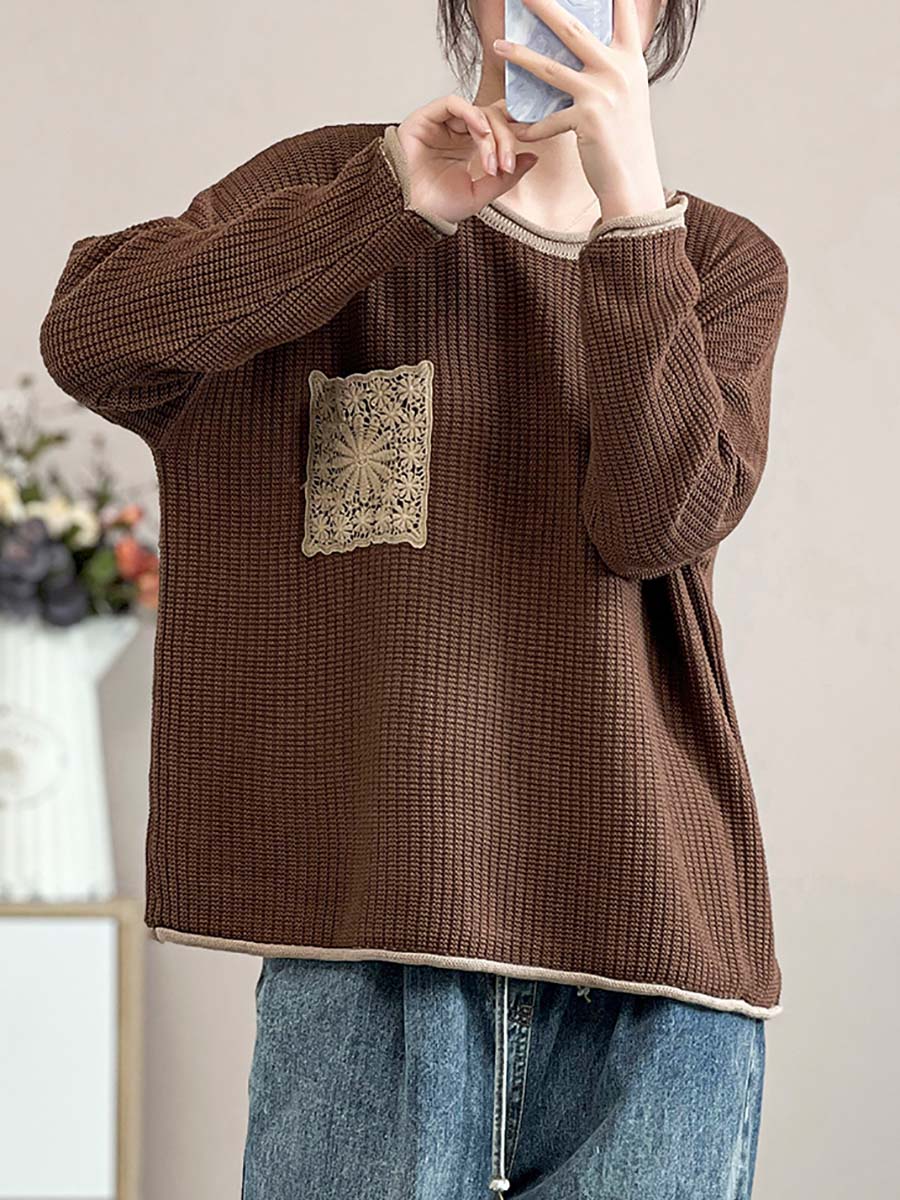 Women Artsy Spring Knitted Lace Patch Loose Sweater