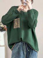 Women Artsy Spring Knitted Lace Patch Loose Sweater