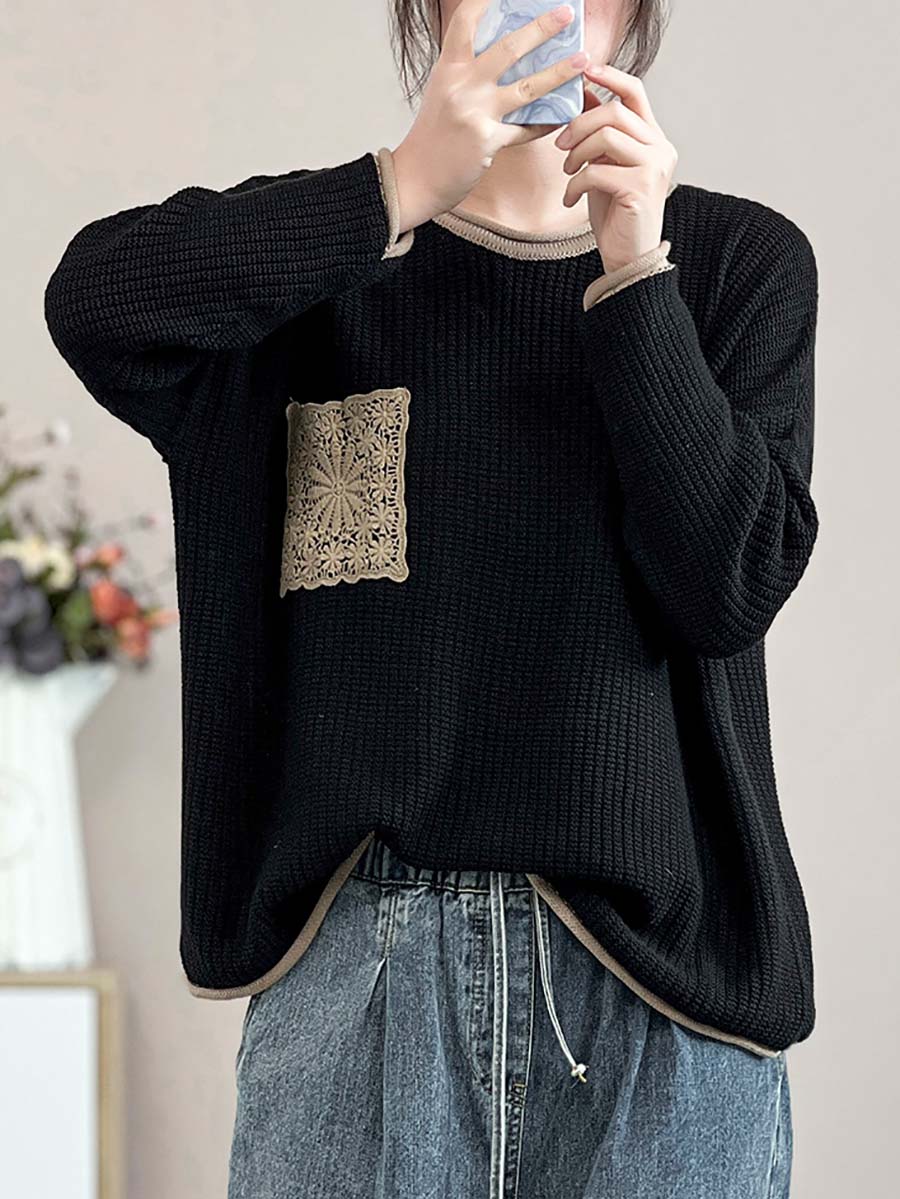 Women Artsy Spring Knitted Lace Patch Loose Sweater