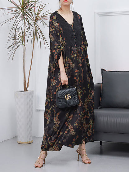 Women Spring Vintage Floral Jacquard Spliced Elegant Dress