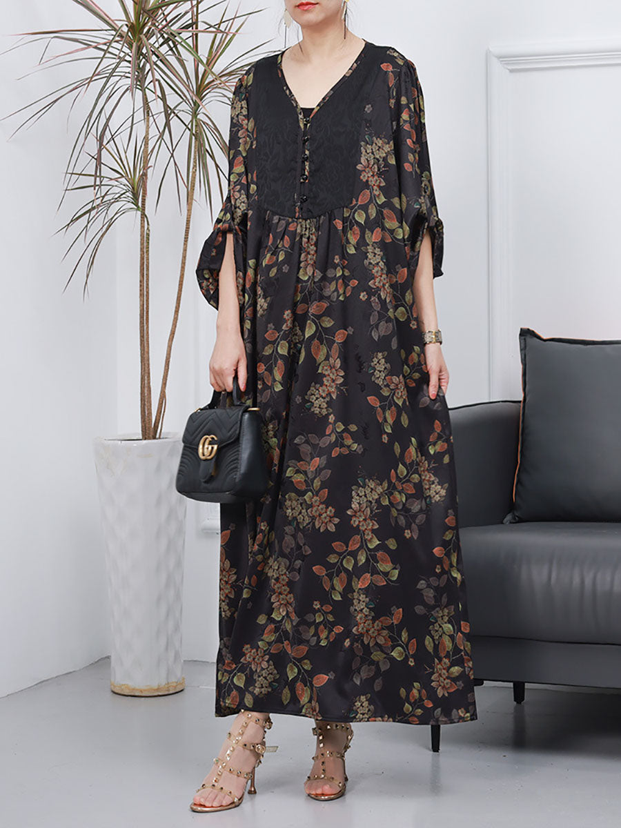 Women Spring Vintage Floral Jacquard Spliced Elegant Dress