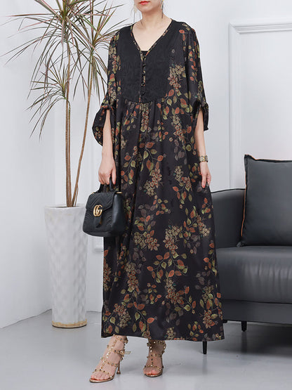 Women Spring Vintage Floral Jacquard Spliced Elegant Dress