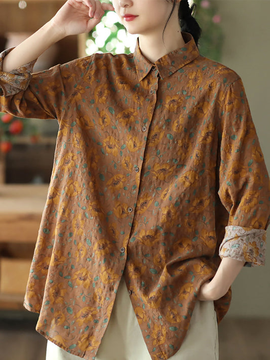 Plus Size Women Spring Vintage Floral Button T-shirt