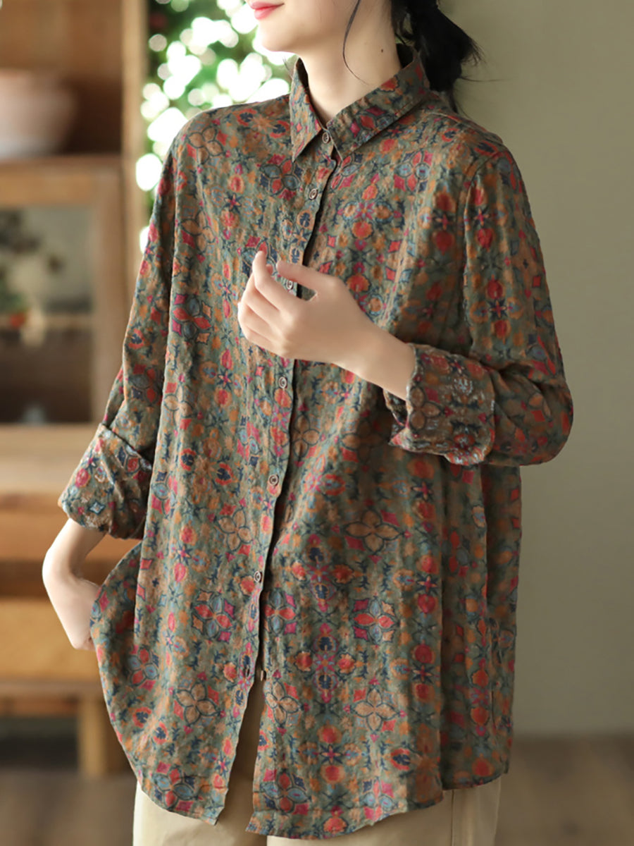 Plus Size Women Spring Vintage Floral Button T-shirt