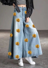 Load image into Gallery viewer, DIY Light Blue-chrysanthemum fashion Pockets Casual Wide Leg Fall Denim Pants