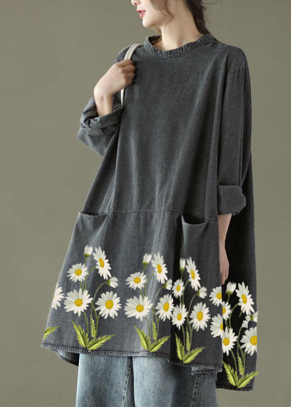 Boho Black Grey-flower O-Neck Pockets Denim Long Dresses Long Sleeve