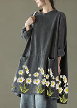 Load image into Gallery viewer, Boho Black Grey-flower O-Neck Pockets Denim Long Dresses Long Sleeve
