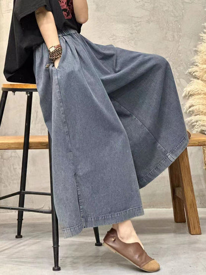 Summer Women Retro Worn Pocket Wide-leg Denim Pants